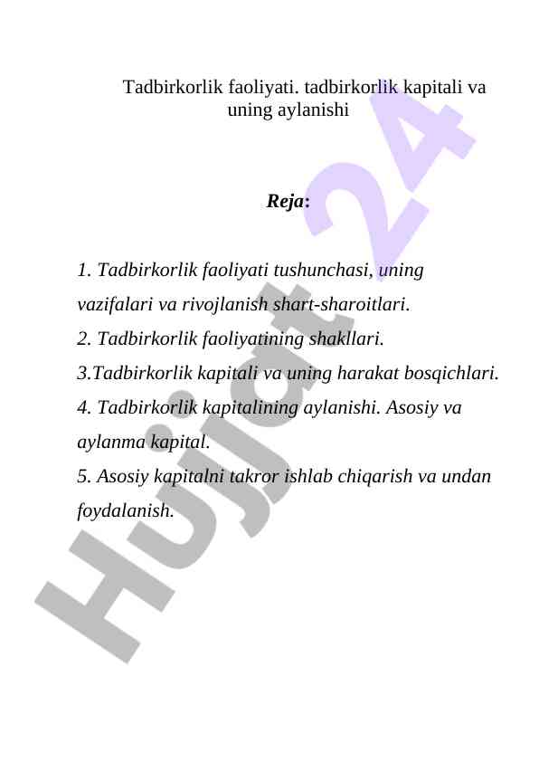 Tadbirkorlik faoliyati va kapitalining aylanishi