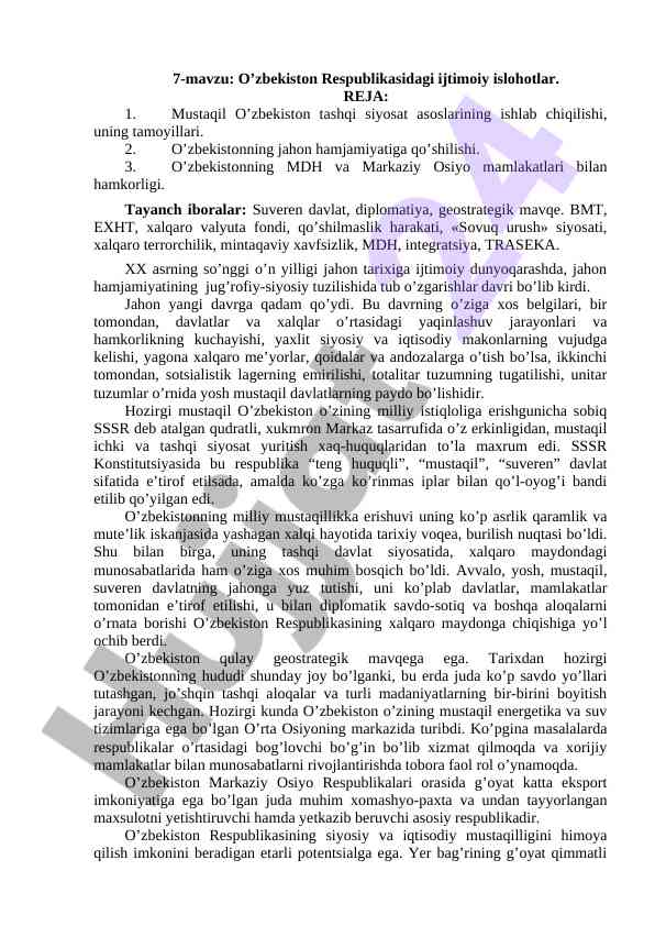 O’zbekiston ijtimoiy islohotlari va tashqi siyosat