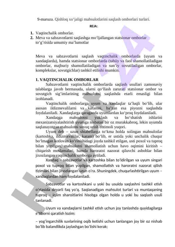 Qishloq xo‘jaligi mahsulotlarini saqlash omborlari
