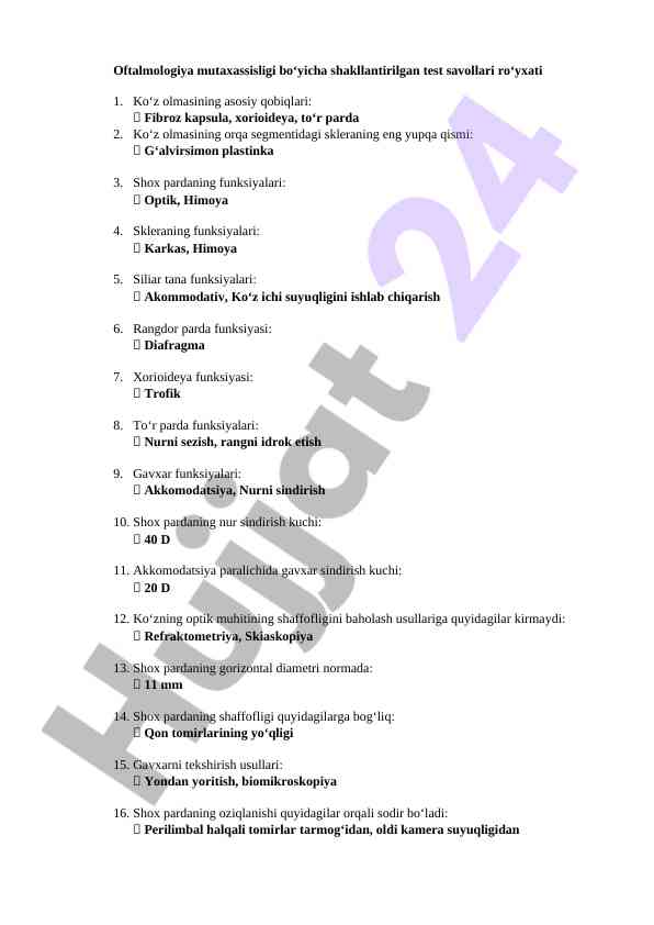 Oftalmologiya test savollari ro'yxati