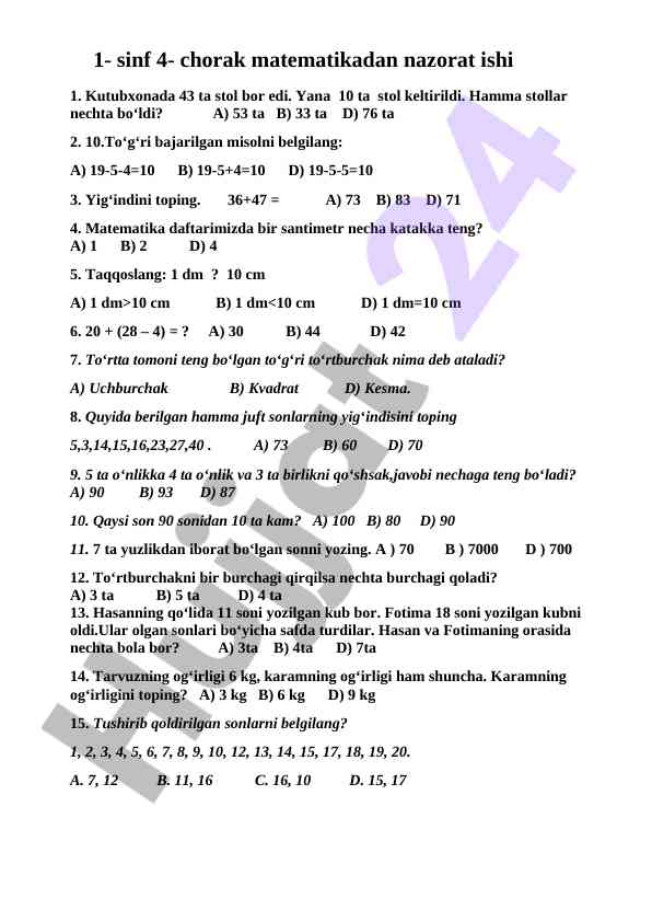 1-sinf matematik nazorat ishlari