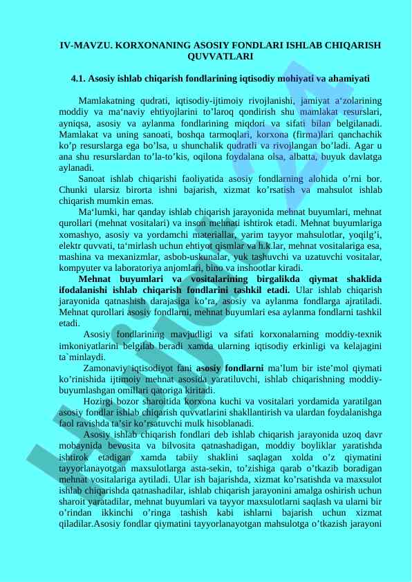 Korxonaning asosiy fondlari ishlab chqarish quvvatlari