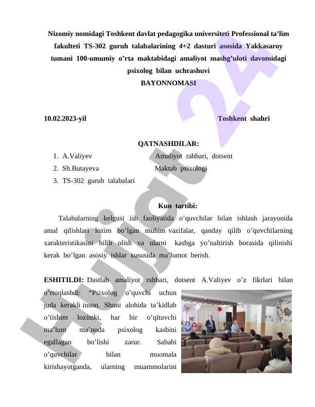 Amaliyot mashg’uloti davomidagi psixolog bilan uchrashuv