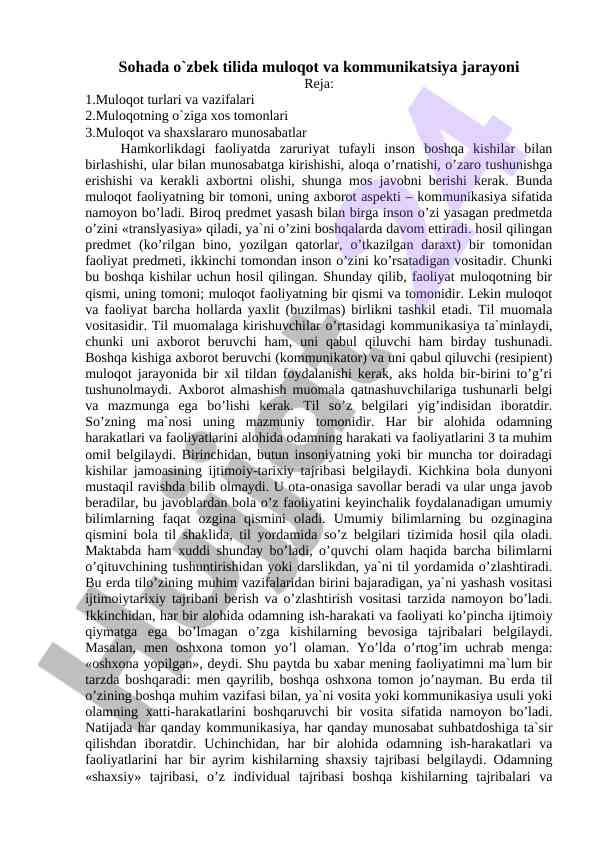 O'zbek tilida muloqot va kommunikatsiya jarayoni