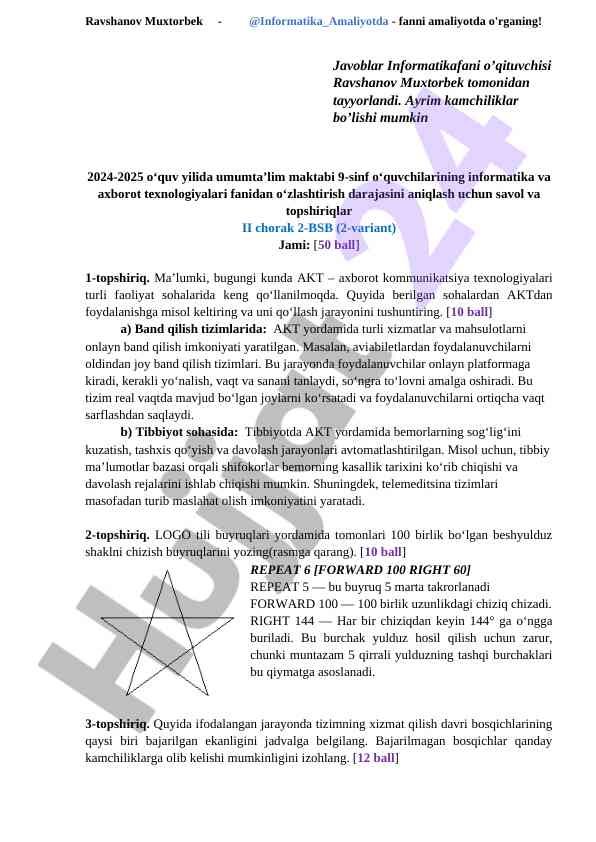 Informatika va axborot texnologiyalari savollari