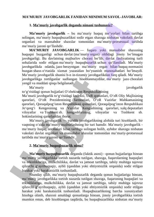 Maʼmuriy javobgarlik fanidan savol-javoblar
