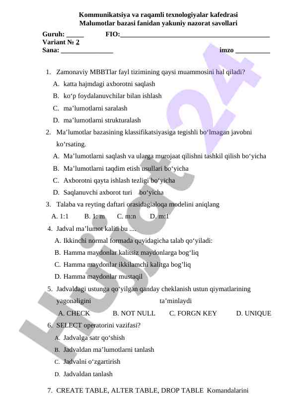 Malumotlar bazasi fanidan yakuniy nazorat savollari
