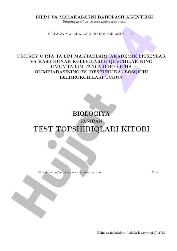 Biologiya fanidan test topshiriqlari kitobi