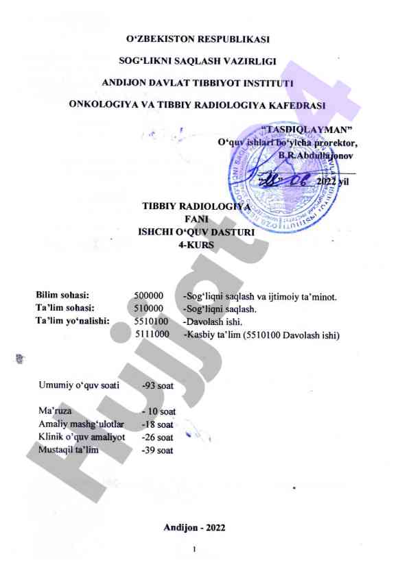 Tibbiy radiologiya fani ishchi o‘quv dasturi