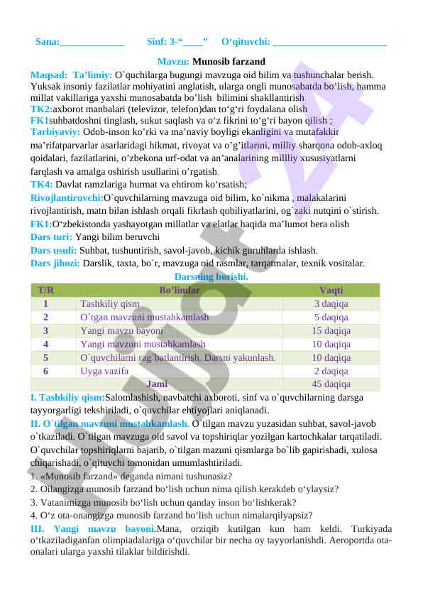 Munosib farzand mavzusida dars ishlanmasi