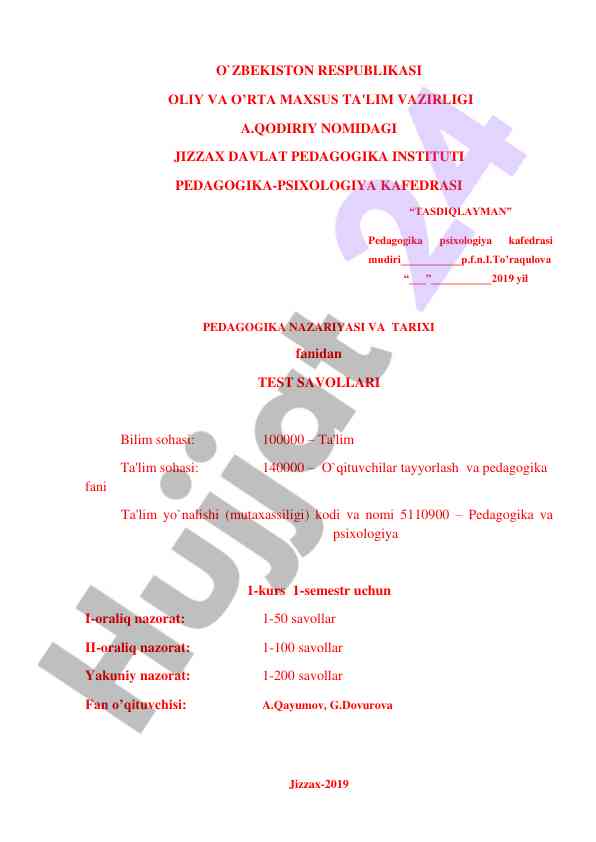 Pedagogika nazariyasi va tarixi test savollari