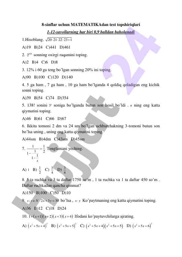 8-sinf uchun matematika test topshiriqlari