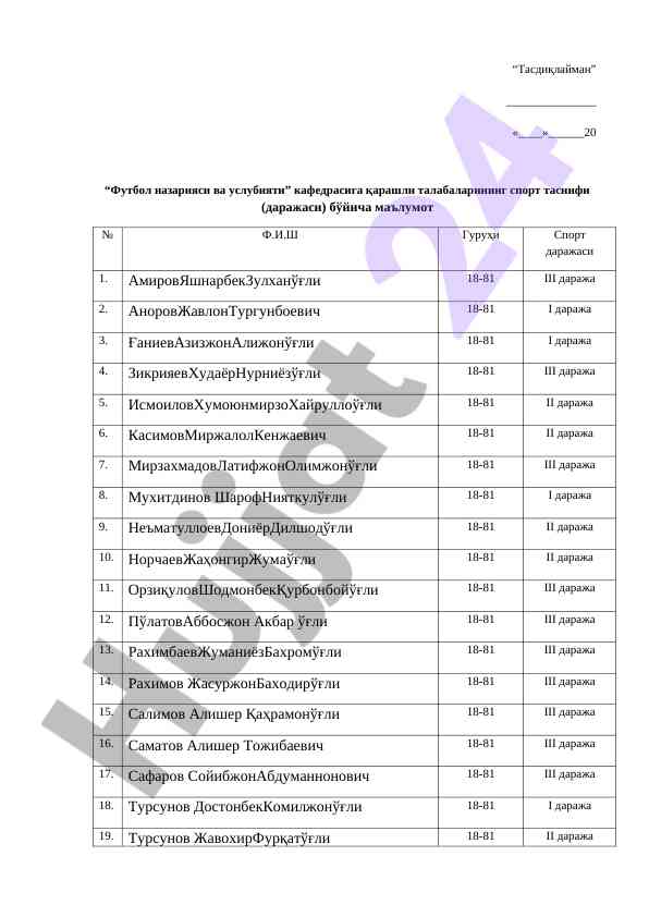 Футбол назарияси ва услубияти кафедрасидаги спорт таснифи