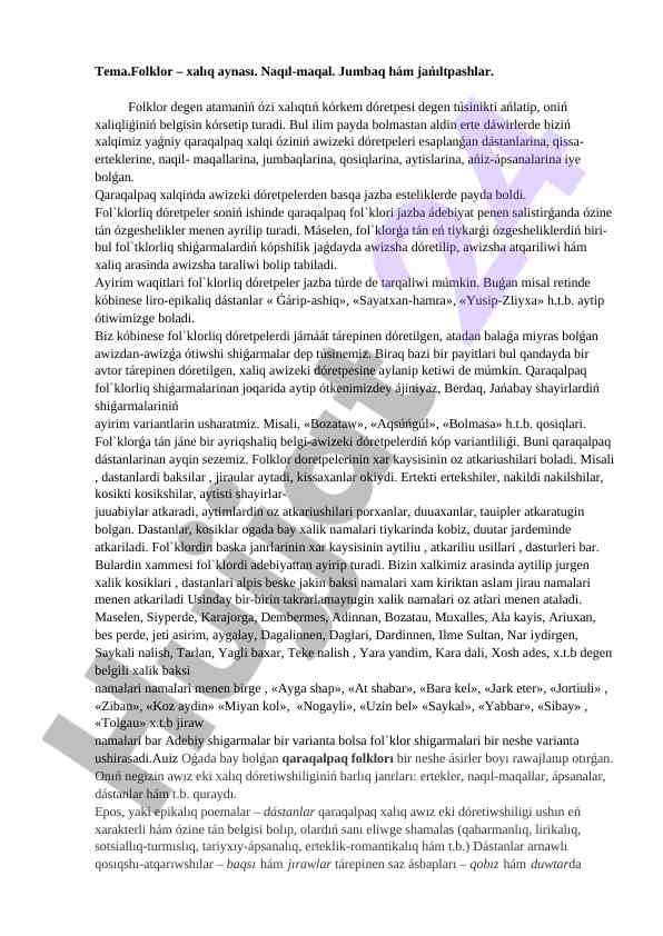 Folklor - xalıq aynası, naqıl-maqal va jumbaqlar