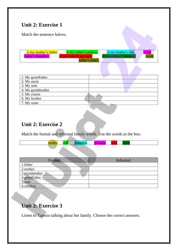 Family vocabulary exercises for language learning