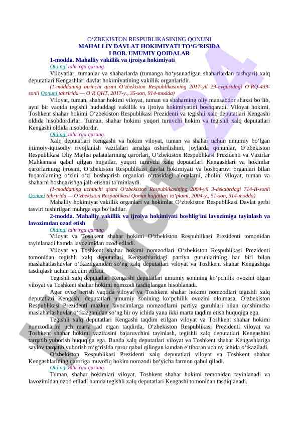 Mahalliy davlat hokimiyati qonuni bo‘yicha umumiy qoidalar