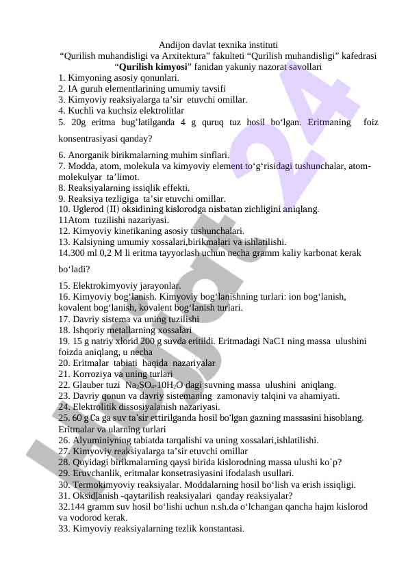 Qurilish kimyosi fanidan yakuniy nazorat savollari