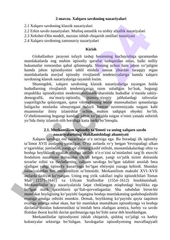 Xalqaro savdoning nazariyalari va tahlil usullari
