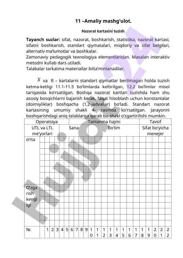 Nazorat kartasini tuzish bo‘yicha amaliy mashg‘ulot