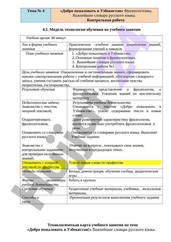 Model tехнологии обучения на учебном занятии