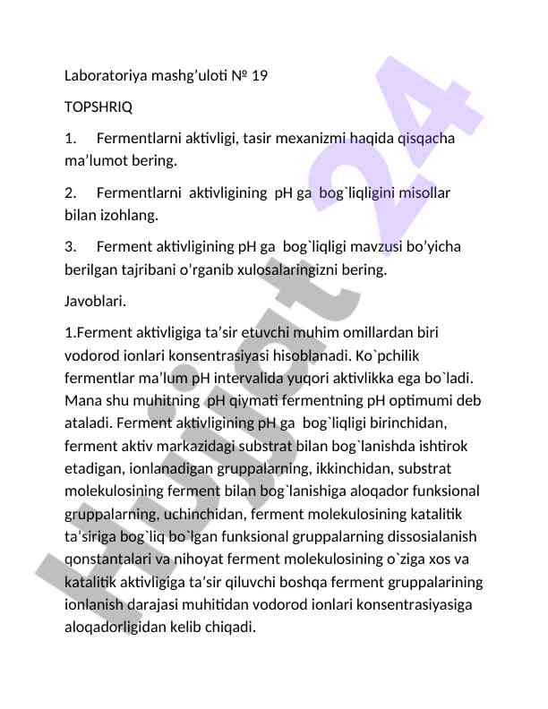 Fermentlarning aktivligi va ph bog'liqligi