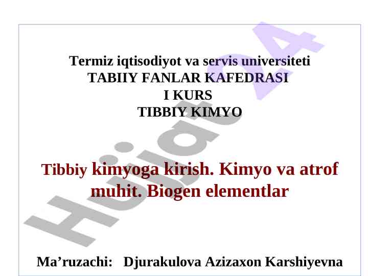 Tibbiy kimyo: kimyo va atraf muhitga kirish