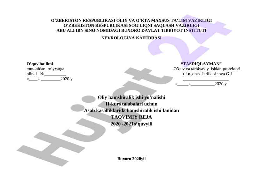 Asab kasalliklarida hamshiralik ishi fanidan ta'lim reja