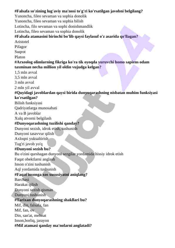 Falsafa ko'rsatkichlari haqida savollar