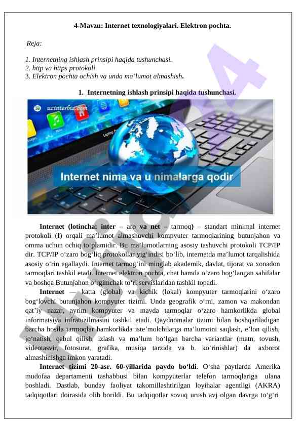 Internet texnologiyalari va elektron pochta tushunchalari