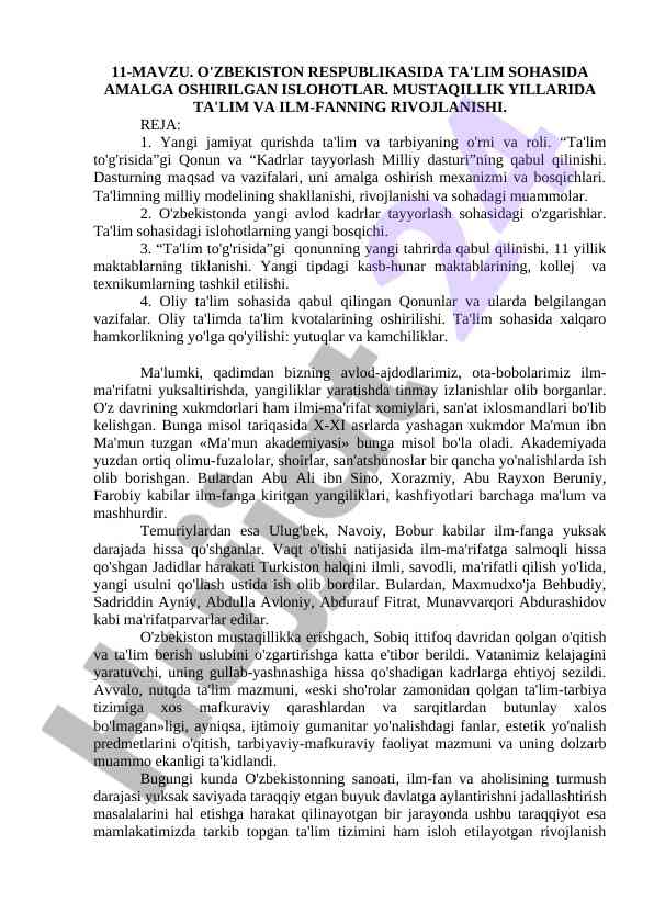 O'zbekiston respublikasi ta'lim sohasida islohotlar