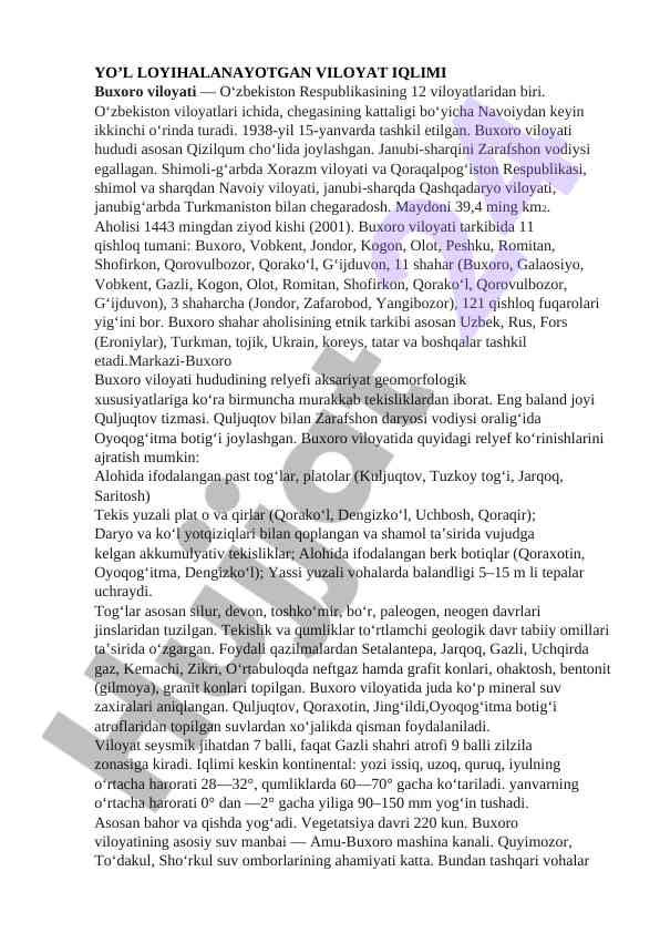 Buxoro viloyati iqlimi va geografiyasi