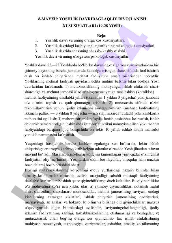 Yoshlik davridagi aqliy rivojlanish xususiyatlari