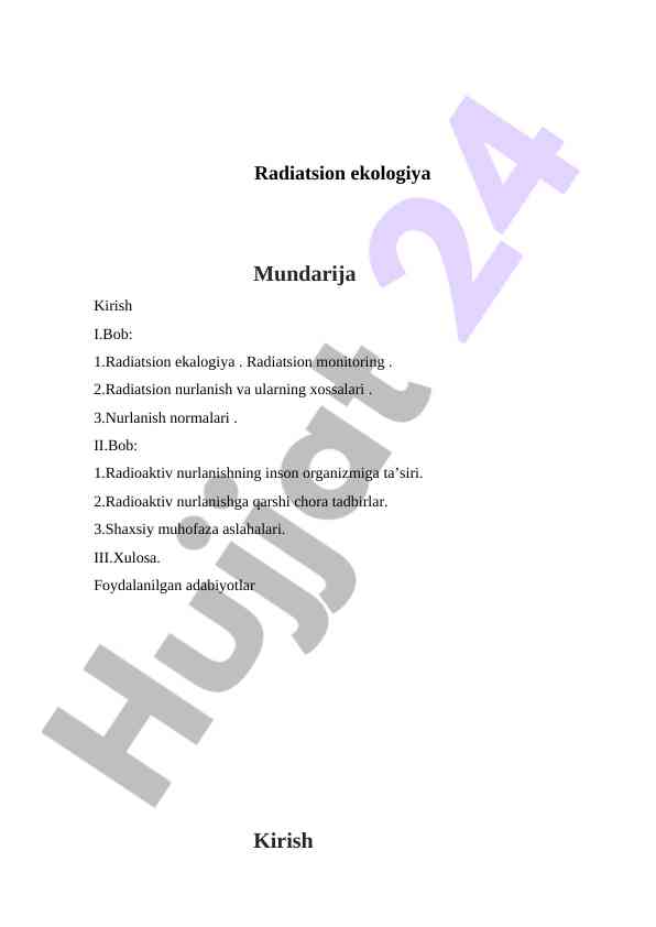 Radiatsion Ekologiya Va Nurlanishning Ta'siri