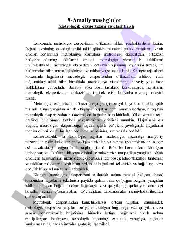 Metrologik ekspertizani o‘tkazish rejalashtirish