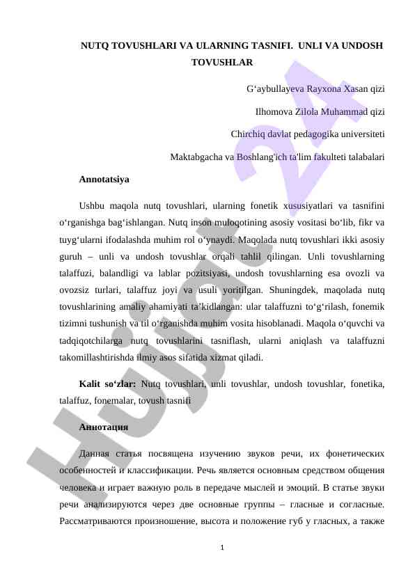 Nutq tovushlari va ularning tasnifi tahlili