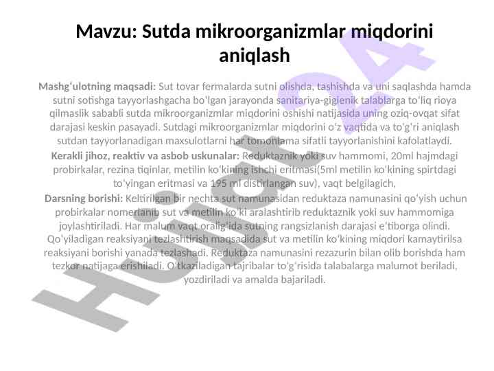 Sutdagi mikroorganizmlar miqdorini aniqlash usullari