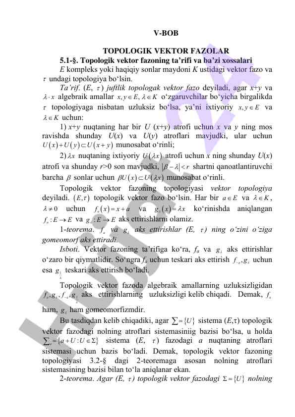 V-bob topologik vektor fazolar ta'rifi va xossalari