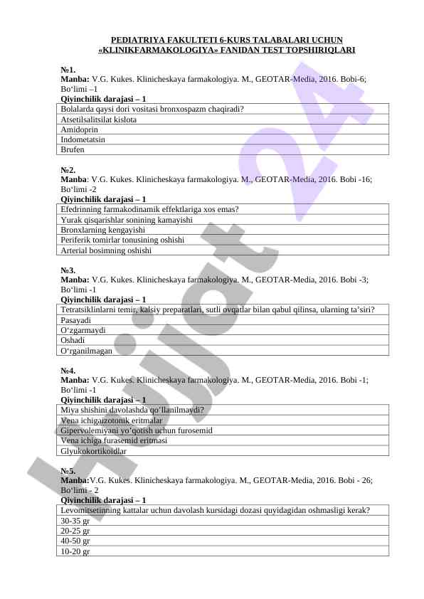 Klinik farmakologiya fanidan test topshiriqlari