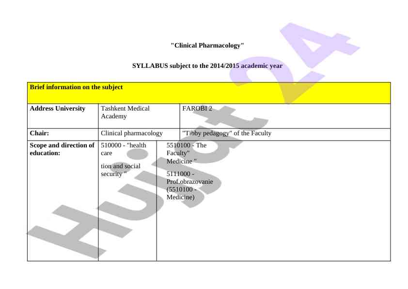 Clinical pharmacology syllabus for academic year 2014/2015