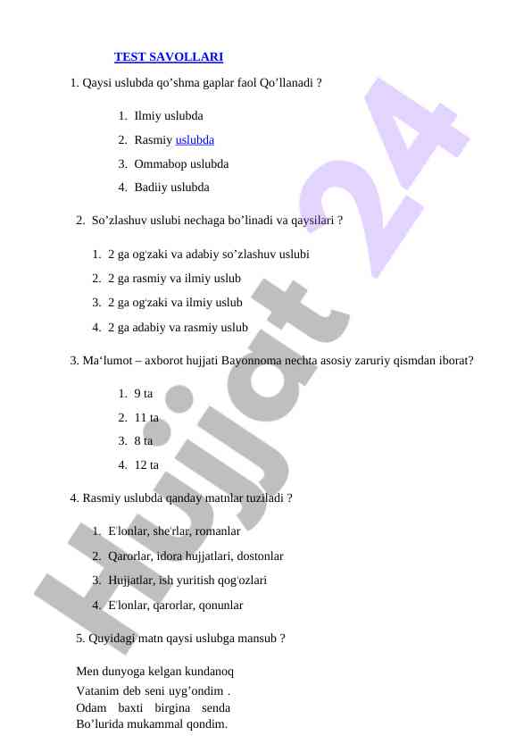 Test savollari uslublar va hujjatlar tuzilishi