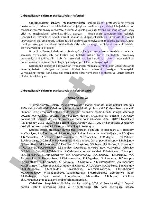 Gidromeliorativ ishlarni tashkil qilish va modernizatsiya