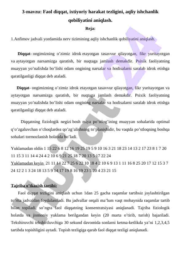 Faol diqqat va aqliy ishchanlik qobiliyati aniqlash