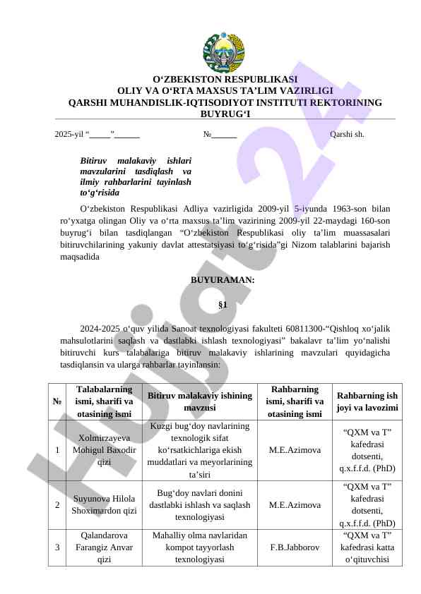 O‘zbekiston respublikasi oliy ta’lim bitiruv malakaviy ishlari