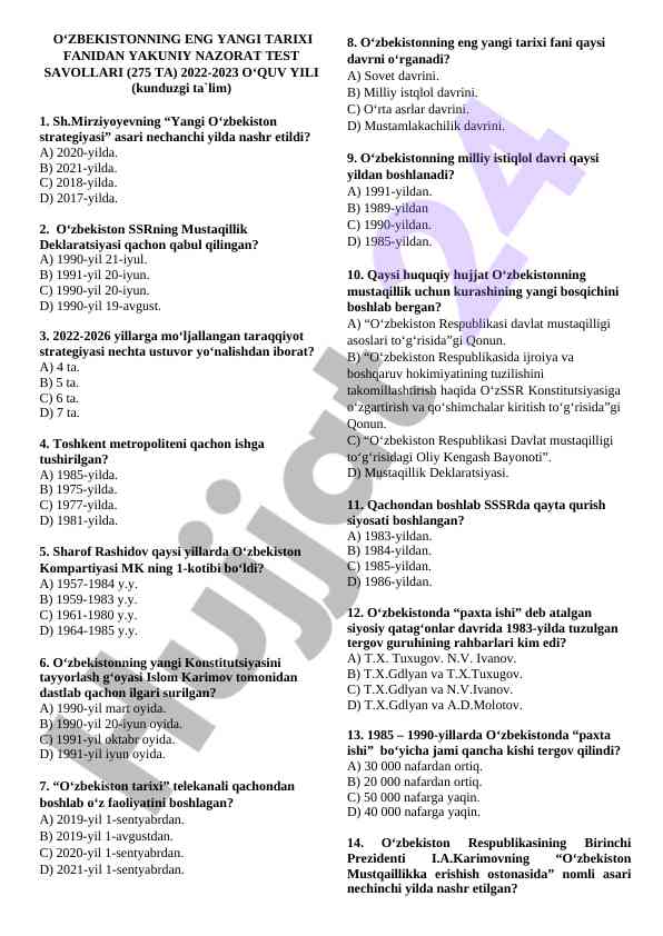 O‘zbekiston tarixi fanidan yakuniy nazorat test savollari