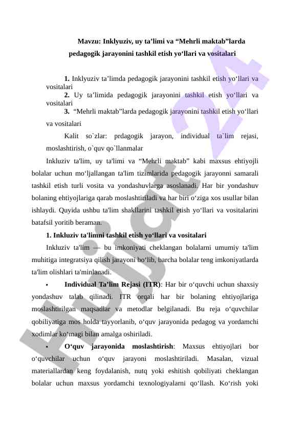 Inklyuziv ta’lim va uy ta’limi pedagogik jarayonlari