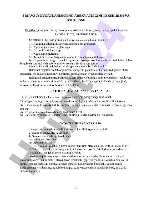 Ovqatlanishning adekvatligini tekshirish va baholash
