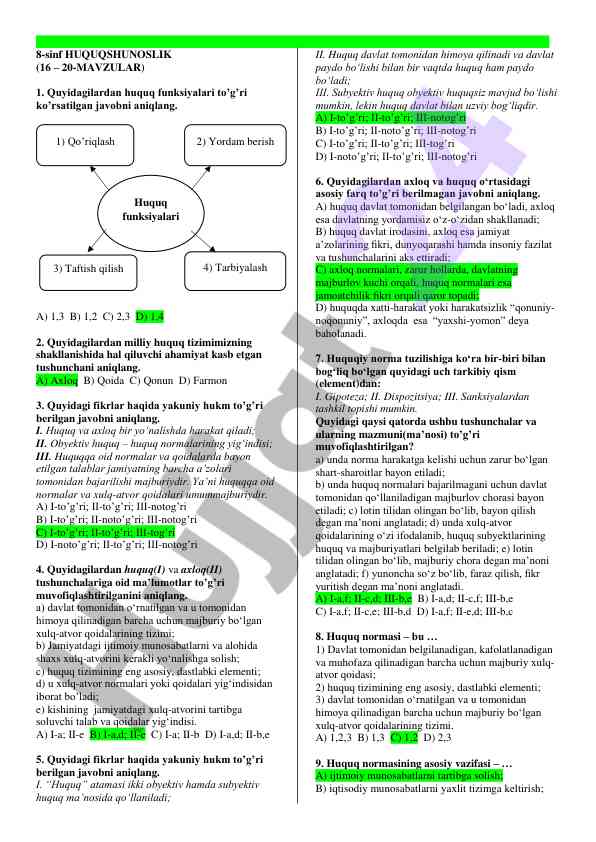 Huquqshunoslik 8-sinf test savollari