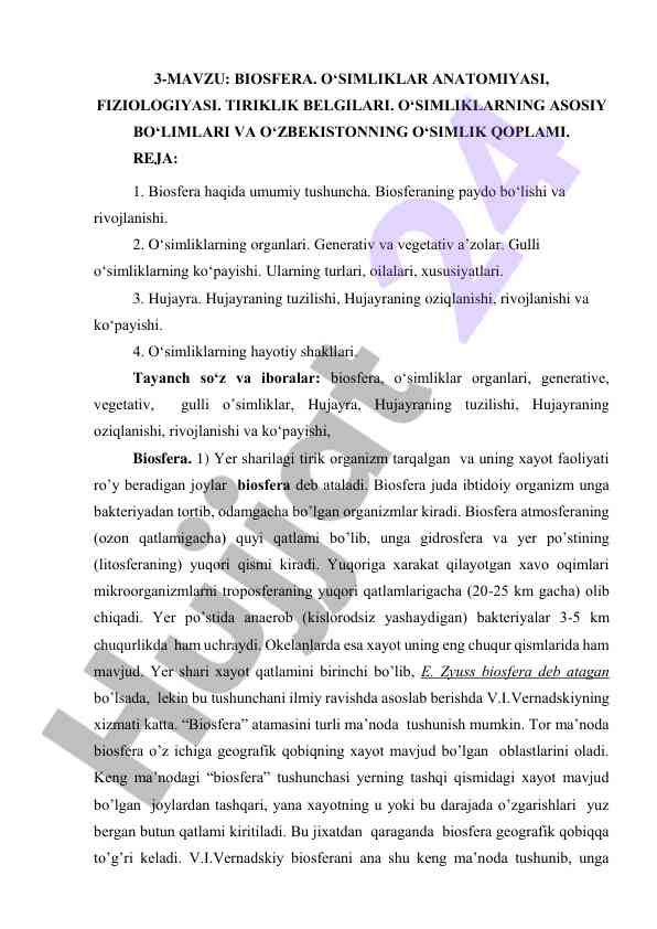 Biosfera o‘simliklar anatomiyasi va fiziologiyasi
