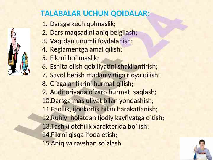 Talabalar uchun qoidalar va oquv maqsadlari