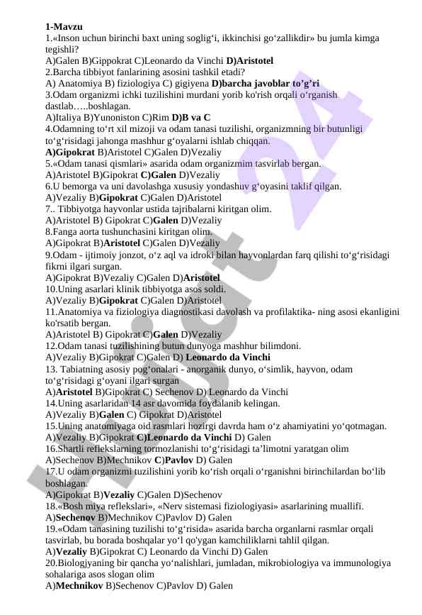Tibbiyot fanlari bo‘yicha savollar